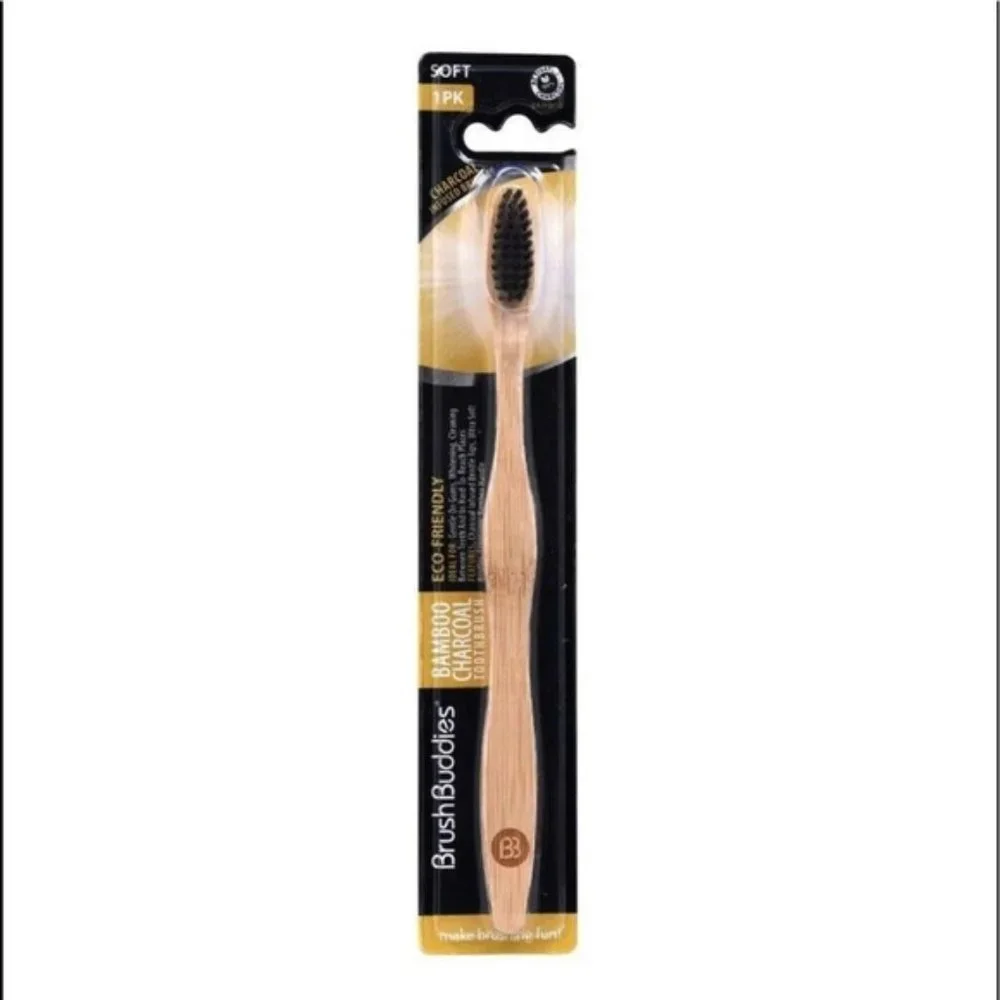 Set of 12 Brush Buddies Bamboo Toothbrush Charcoal Infused Soft Bristles